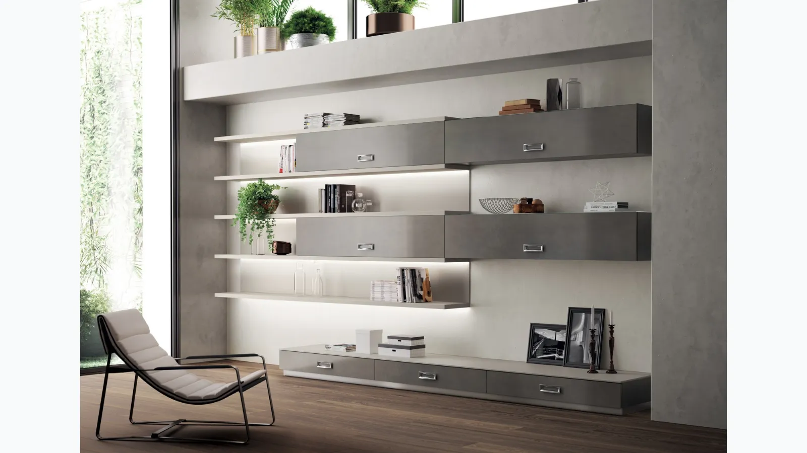 Parete Attrezzata Living Exclusiva in laccato Stained Steel e Grigio Chiaro di Scavolini