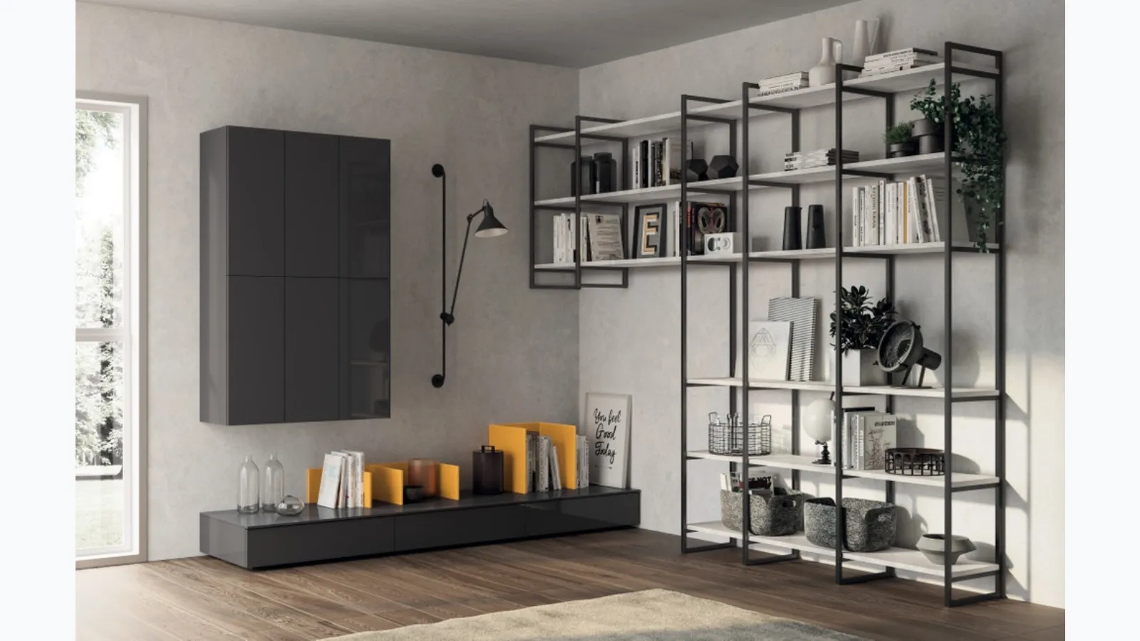 Parete Attrezzata Living Sax in laccato lucido Grigio Ferro di Scavolini