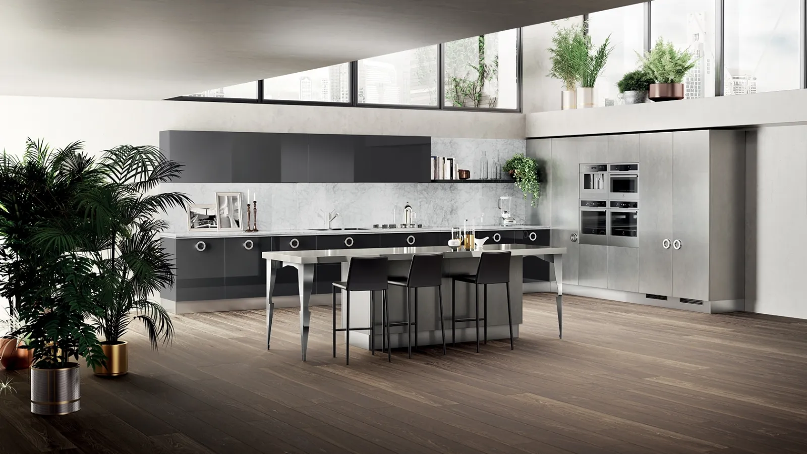 Cucina Classica Exclusiva in laccato lucido Grigio Ferro di Scavolini