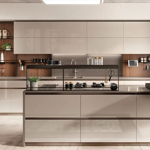 Cucina Moderna Boxi in laccato lucido Visone e Noce Sunset di Scavolini