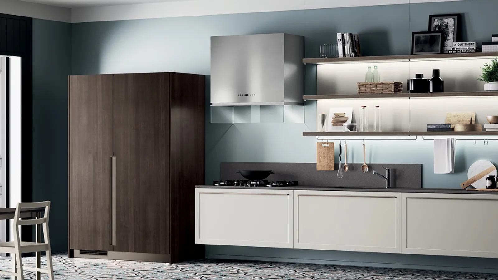 Cucina Moderna sospesa Carattere in laccato Grigio opaco con armadio Noce Saxony di Scavolini