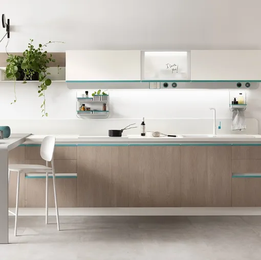 Cucina Moderna Dandy Plus Rovere Gessato e maniglia Blu Agave di Scavolini