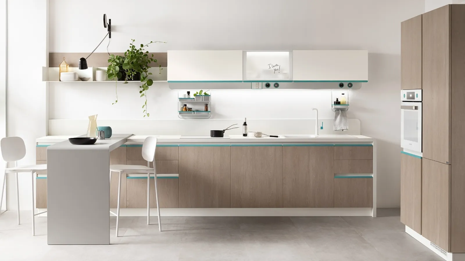 Cucina Moderna Dandy Plus Rovere Gessato e maniglia Blu Agave di Scavolini