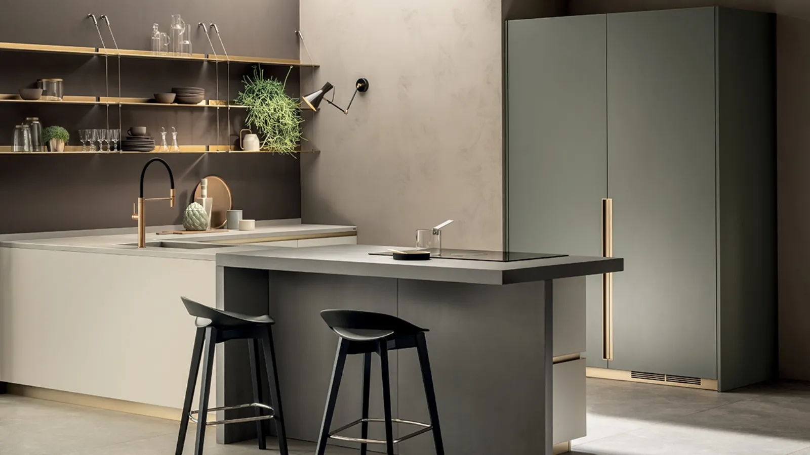 Cucina Moderna DeLinea in laccato opaco Tortora e Verde Minerale di Scavolini