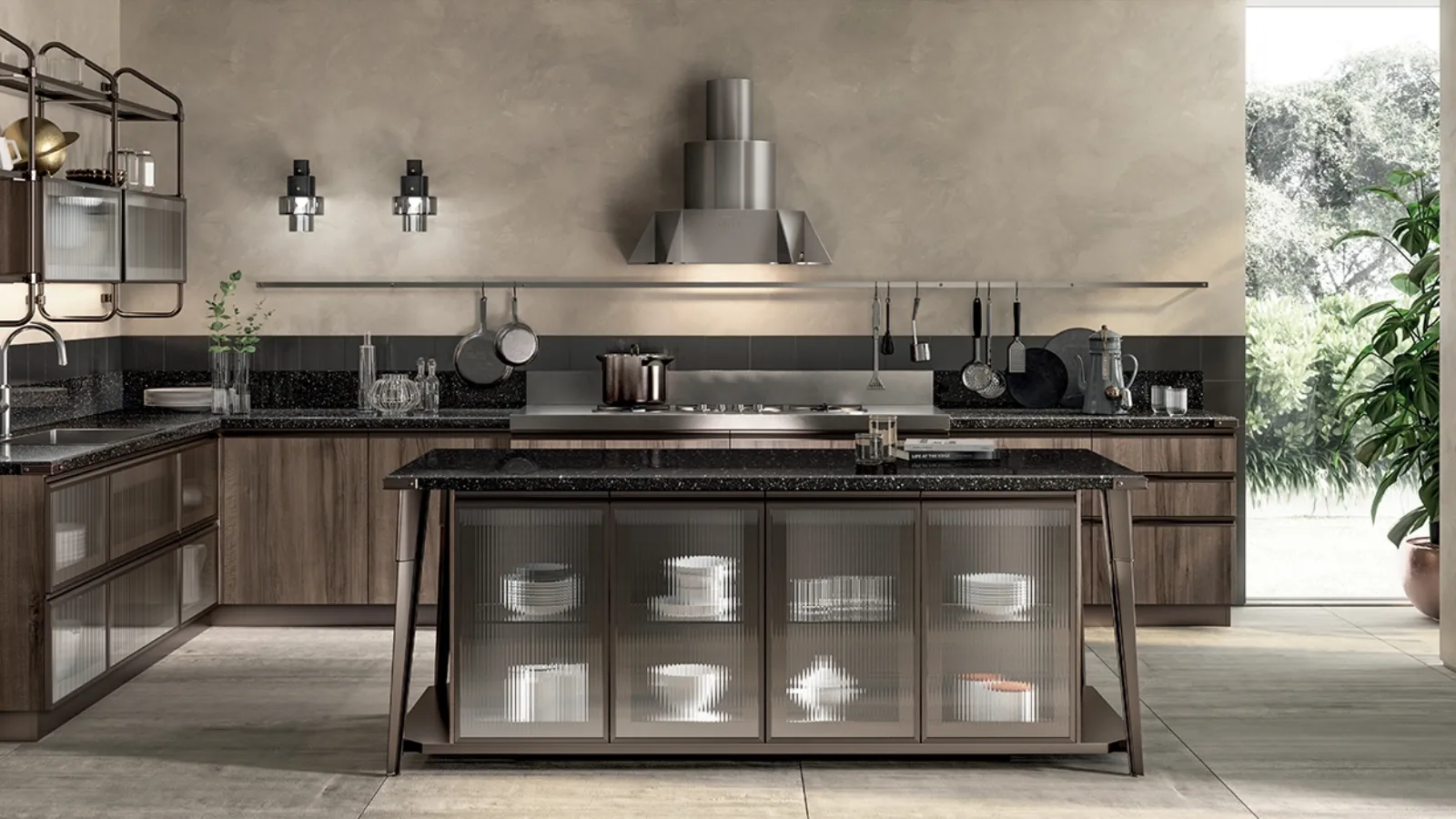 Cucina Moderna angolare con isola Diesel Open Workshop Noce Garden di Scavolini