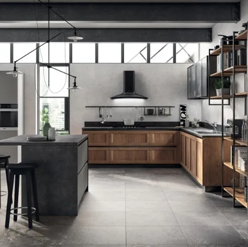 Cucina Moderna angolare con isola Evolution in decorativo Rovere Land e laminato Volcanic Ash di Scavolini