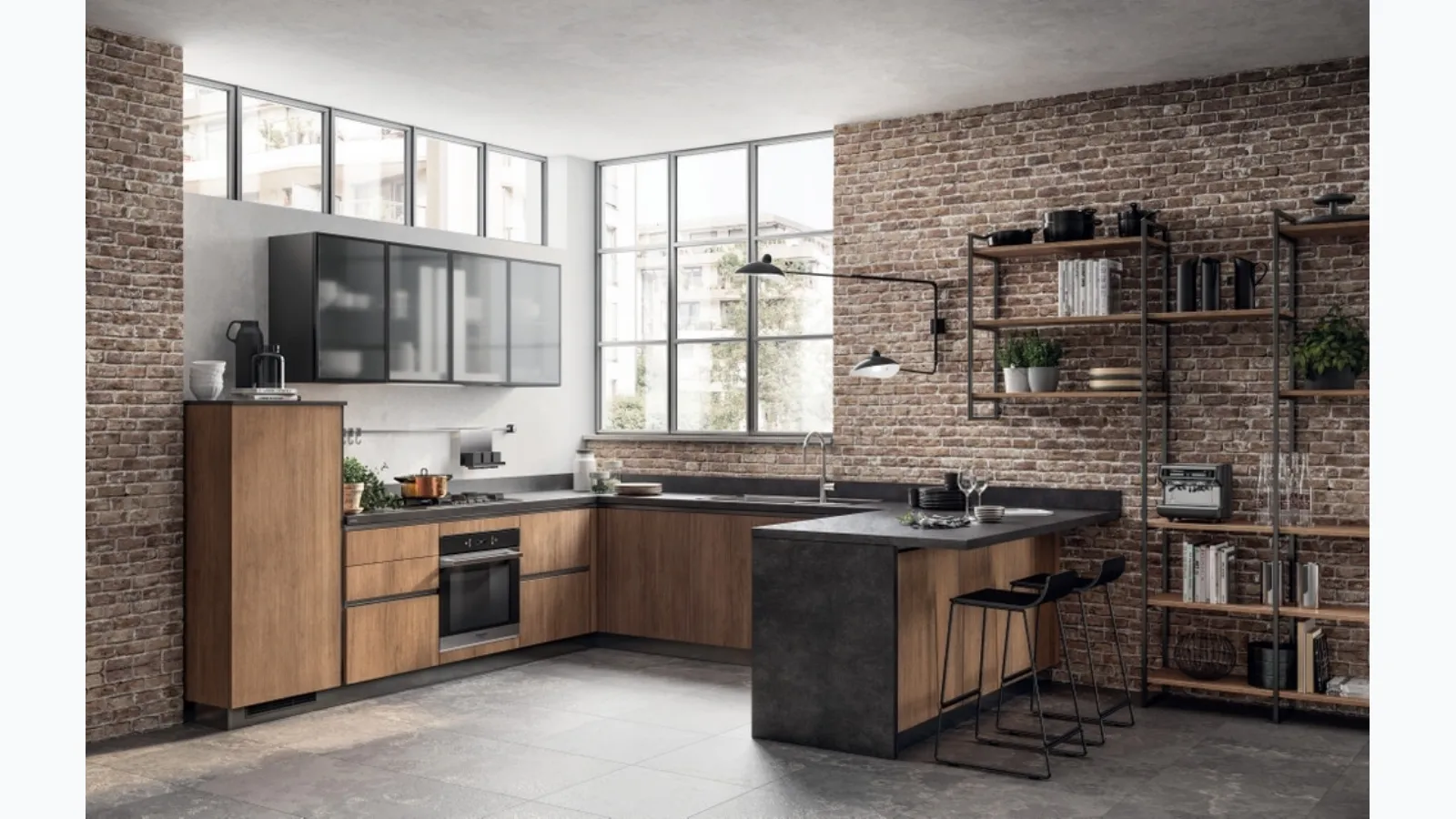 Cucina Moderna angolare con penisola Evolution in decorativo Rovere Land e laminato Volcanic Ash di Scavolini