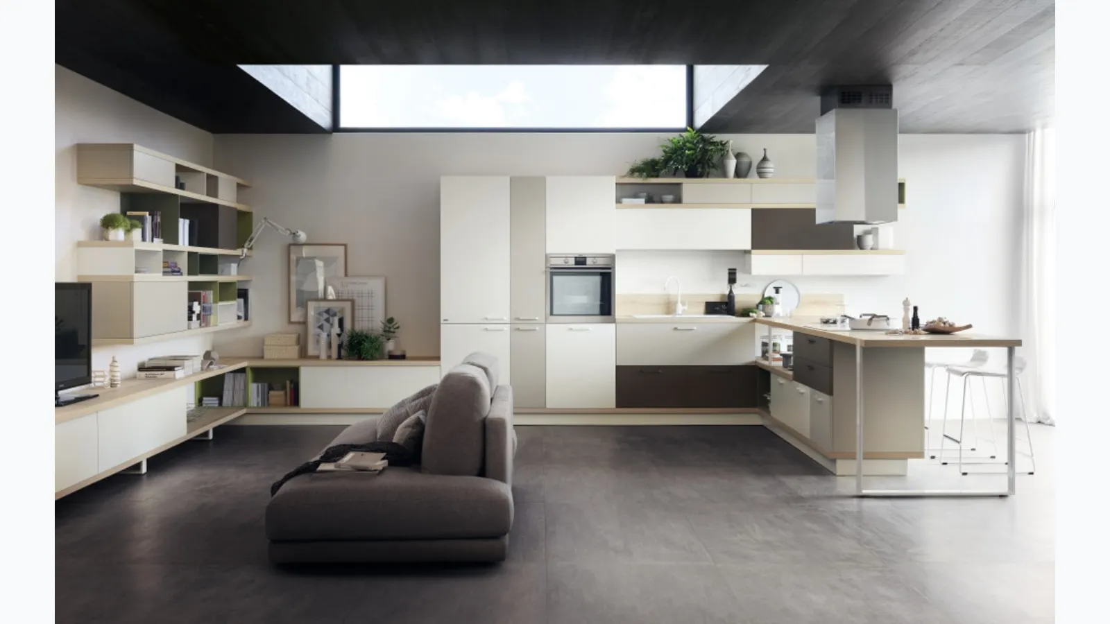 Cucina Moderna Foodshelf Bianco Puro Grigio Gabbiano e Grigio Terra di Scavolini