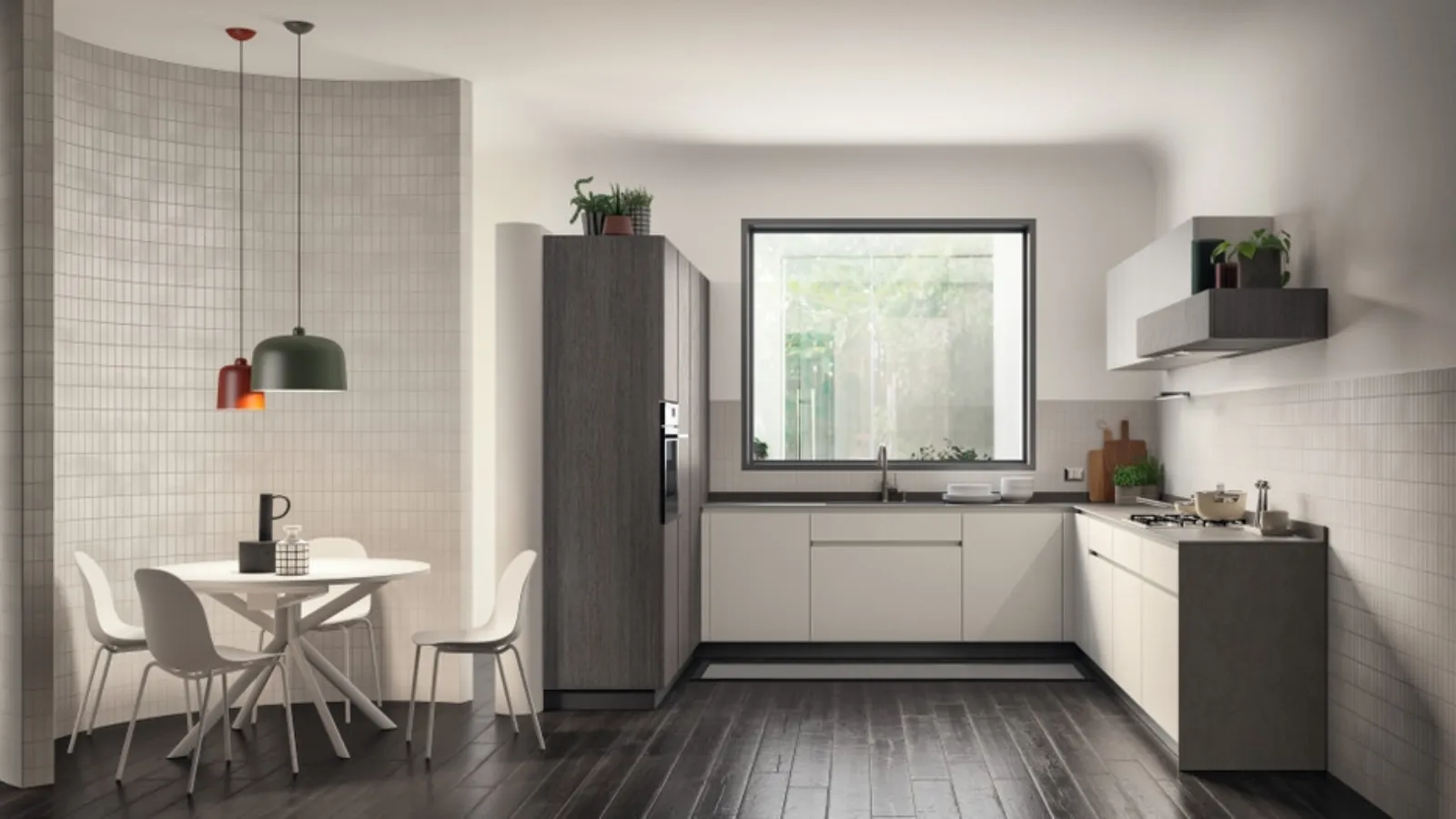 Cucina Moderna Libra in laccato opaco Bianco Prestige, laccato opaco dogato Grigio Airone e decorativo Oriental di Scavolini