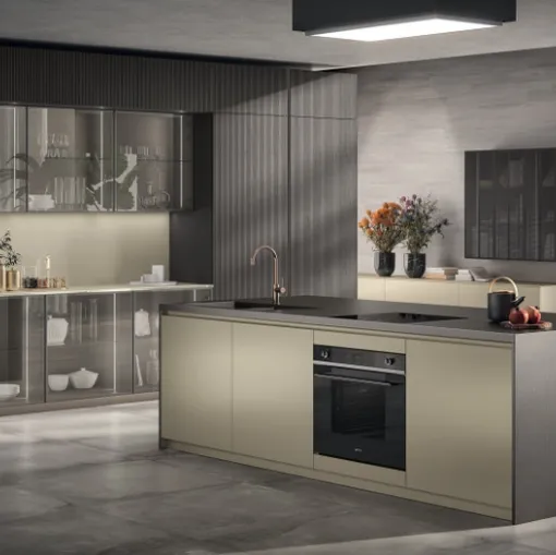 Cucina Moderna Libra in laccato lucido Perlage e Rovere Pepper di Scavolini