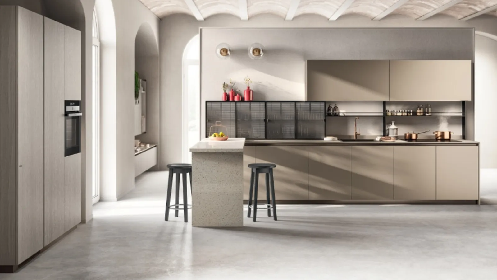 Cucina Moderna Libra in laminato Urban Bronze e decorativo Oriental Light di Scavolini