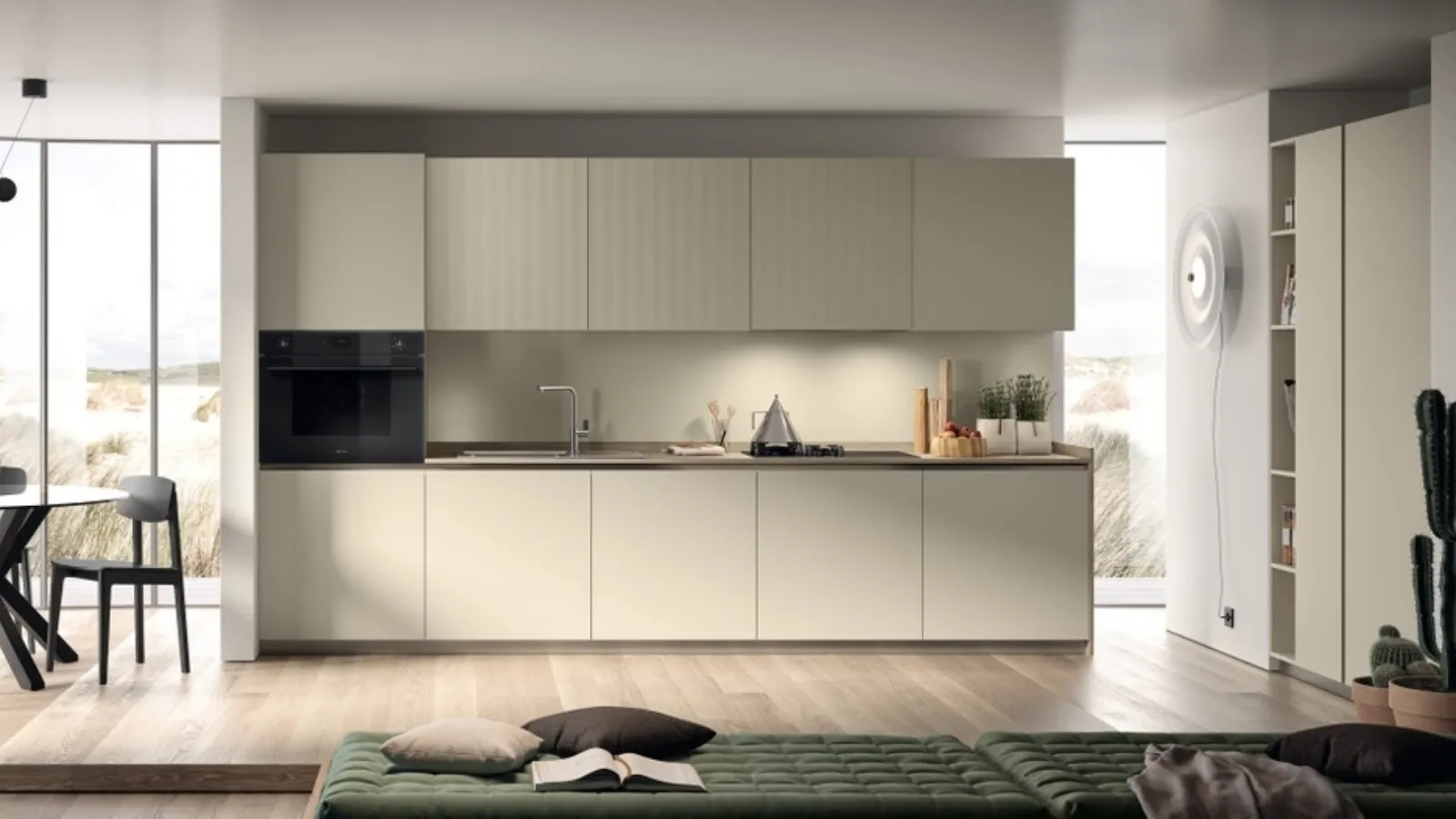 Cucina Moderna Lumina in laccato Tortora e laminato Strips Urban Gold di Scavolini