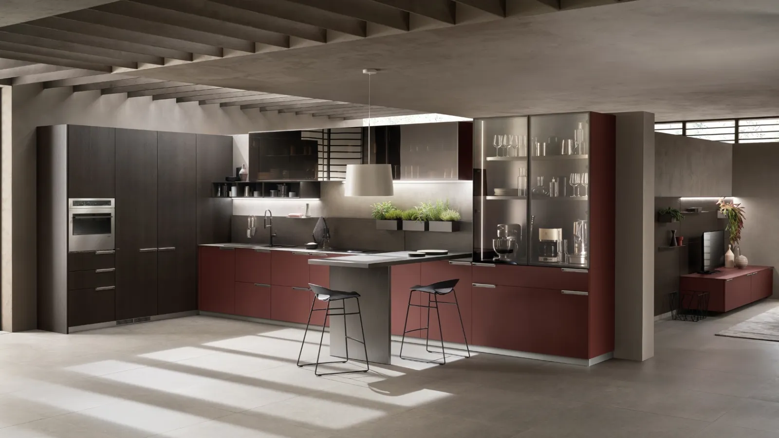 Cucina Moderna angolare con penisola Mia Rosso Jaipur e Rovere Carbone di Scavolini