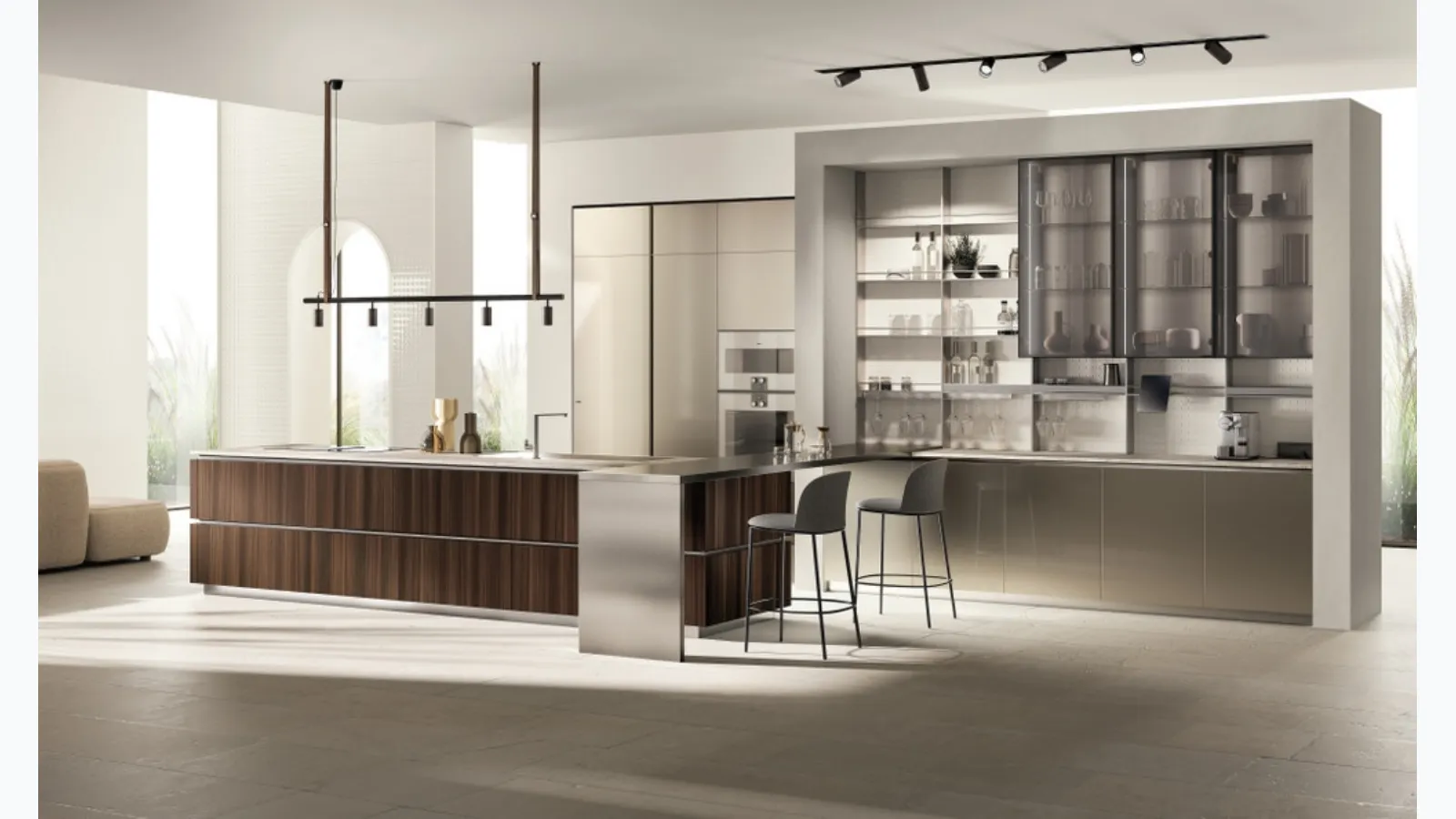 Cucina Moderna con isola e penisola Mira in Eucalipto e laccato lucido effetto perlato Perlage di Scavolini