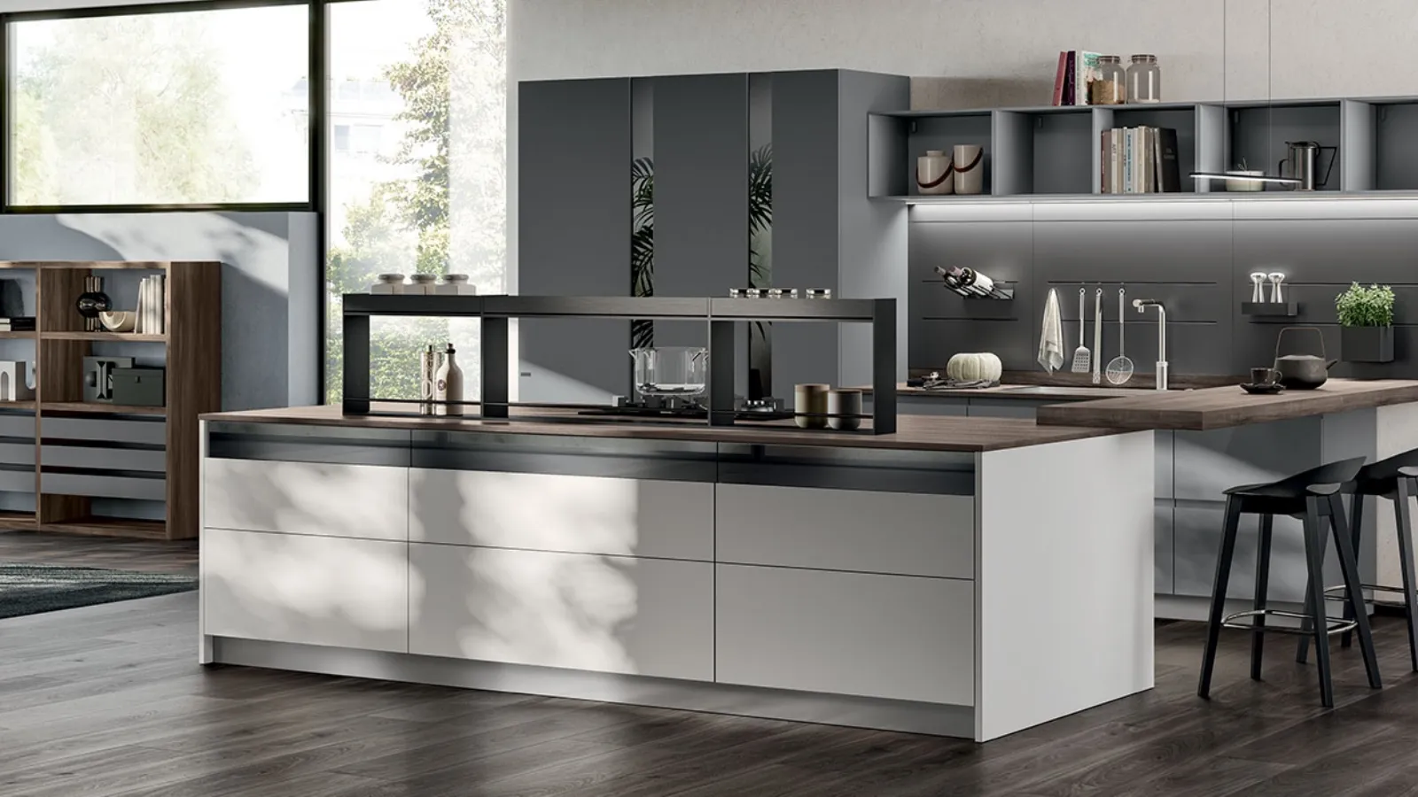 Cucina Moderna con isola e penisola Motus in laccato Grigio Airone e Grigio Vulcano di Scavolini