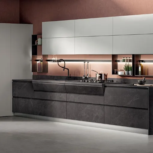 Cucina Moderna Motus in decorativo Pietra Abyss e laccato Grigio Airone di Scavolini