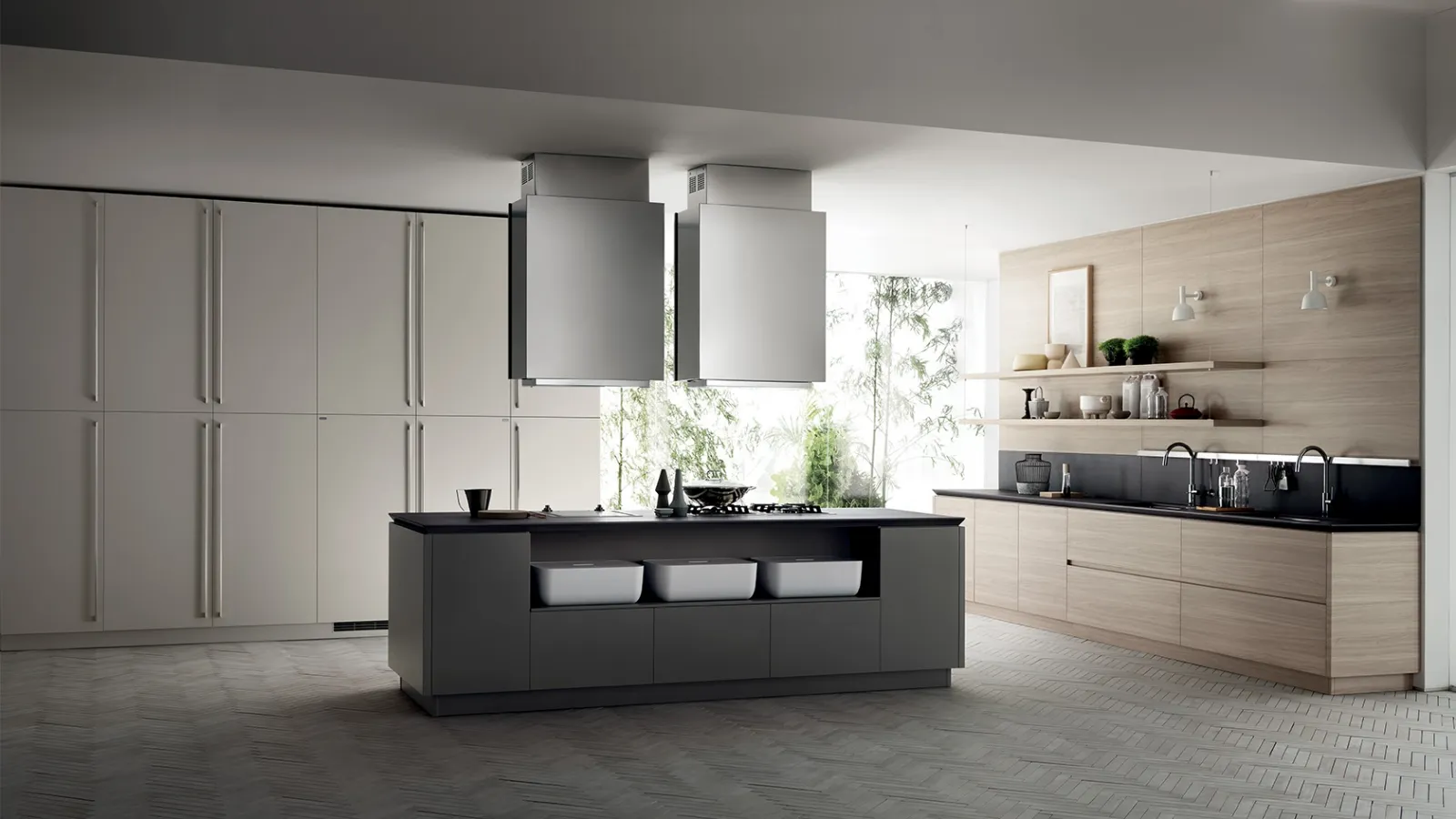 Cucina Moderna Qi Qi in laccato Grigio Titanio, Grigio Chiaro e Olmo Hono di Scavolini