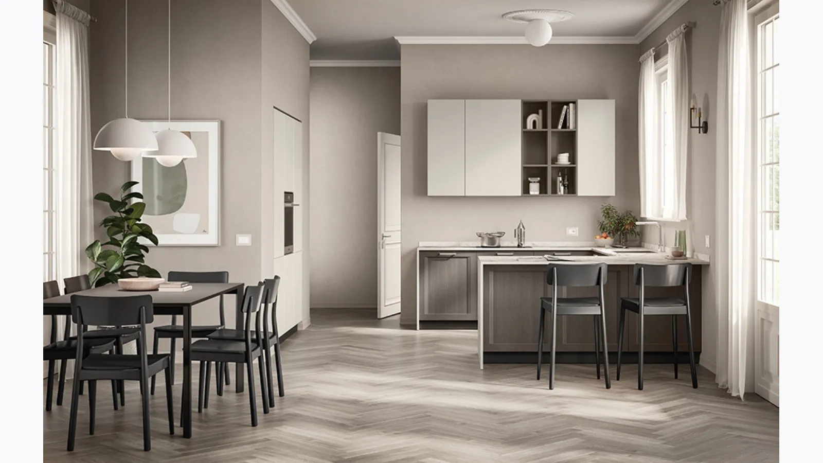 Cucina Moderna con penisola Sax in decorativo Rovere Town di Scavolini