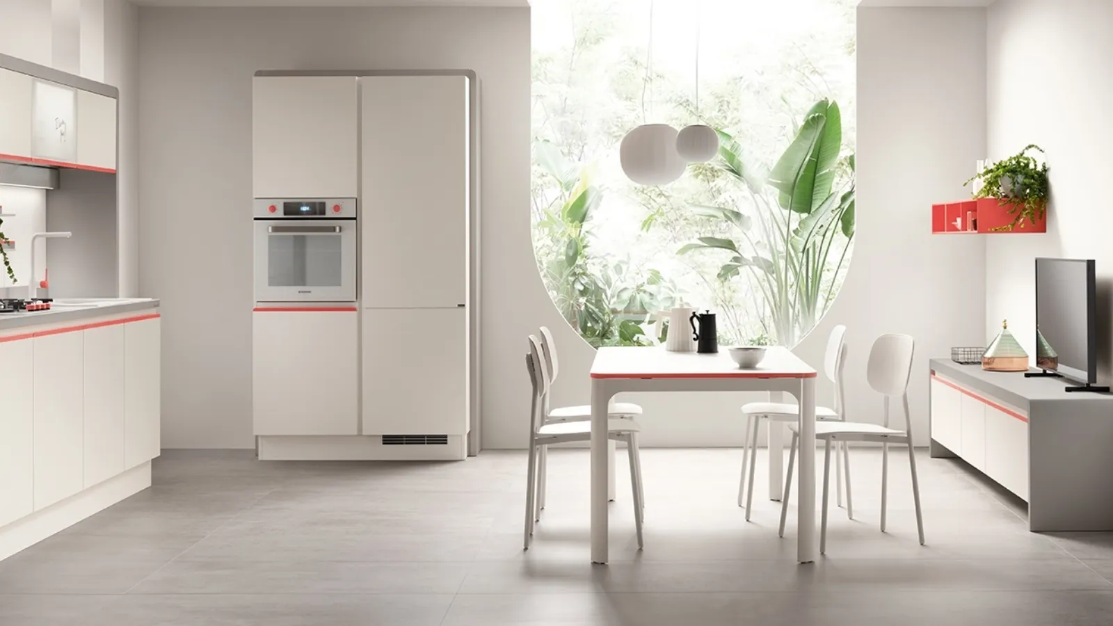 Cucina Moderna Dandy Plus Bianco puro e maniglia Rosso Corallo di Scavolini