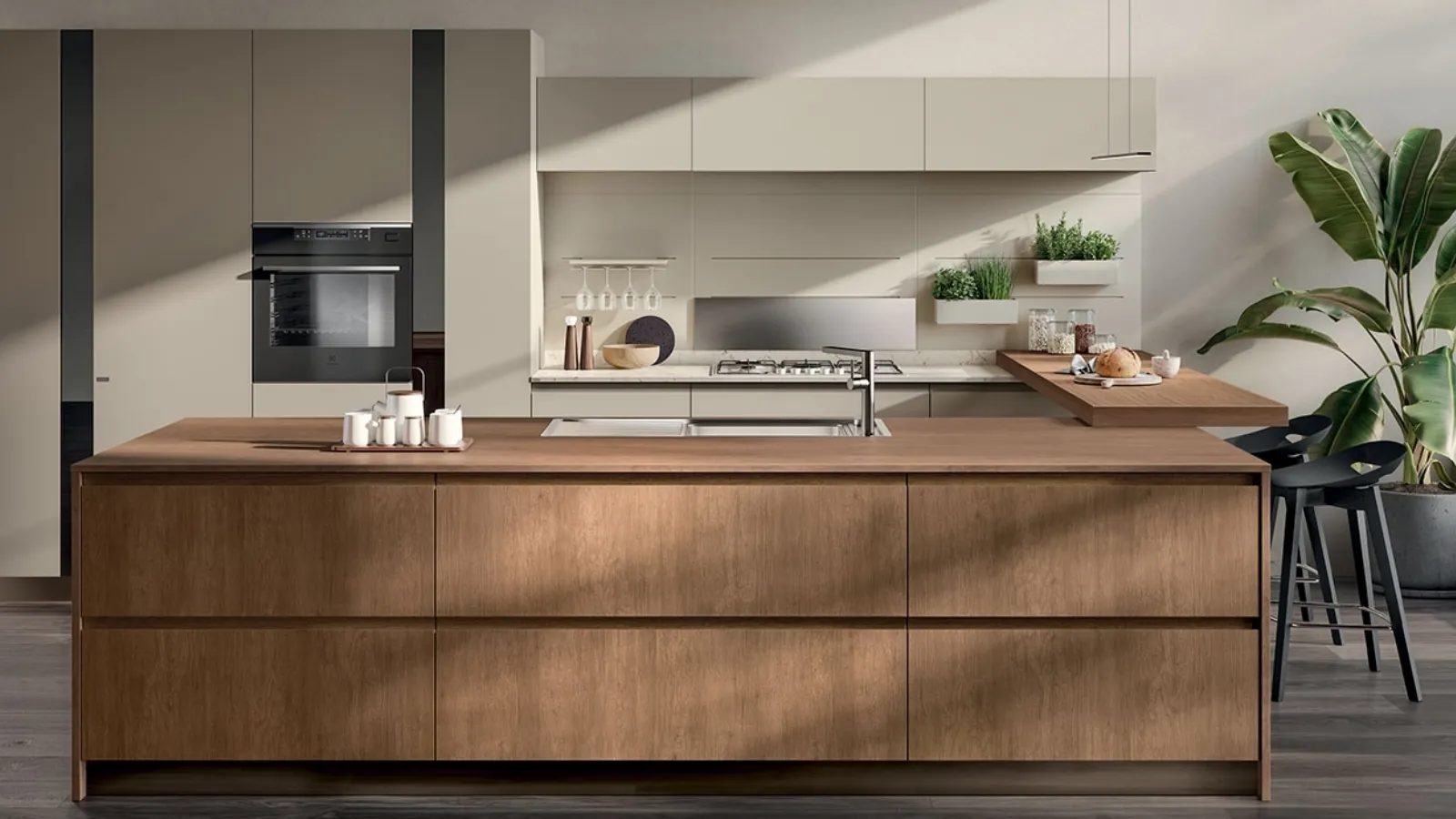 Cucina Moderna con isola e penisola Motus in Rovere Landscape e laccato opaco Visone di Scavolini