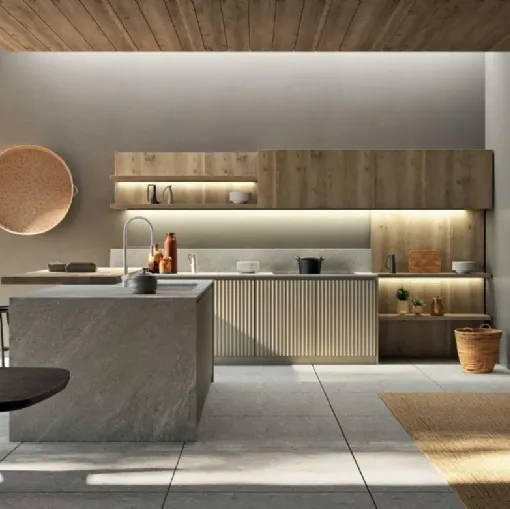 Cucina Moderna componibile in legno con isola Wave 01 di Fratelli Mirandola