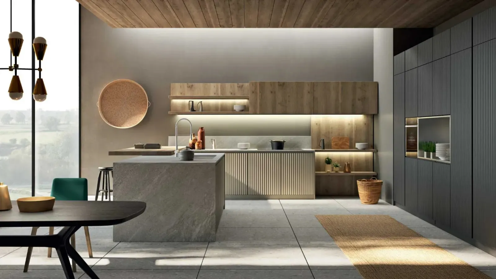 Cucina Moderna componibile in legno con isola Wave 01 di Fratelli Mirandola