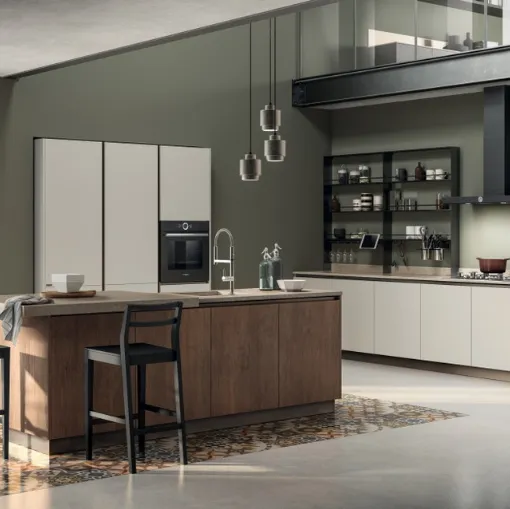 Cucina su misura con isola Evolution in laccato opaco Bianco e alluminio Antracite di Scavolini