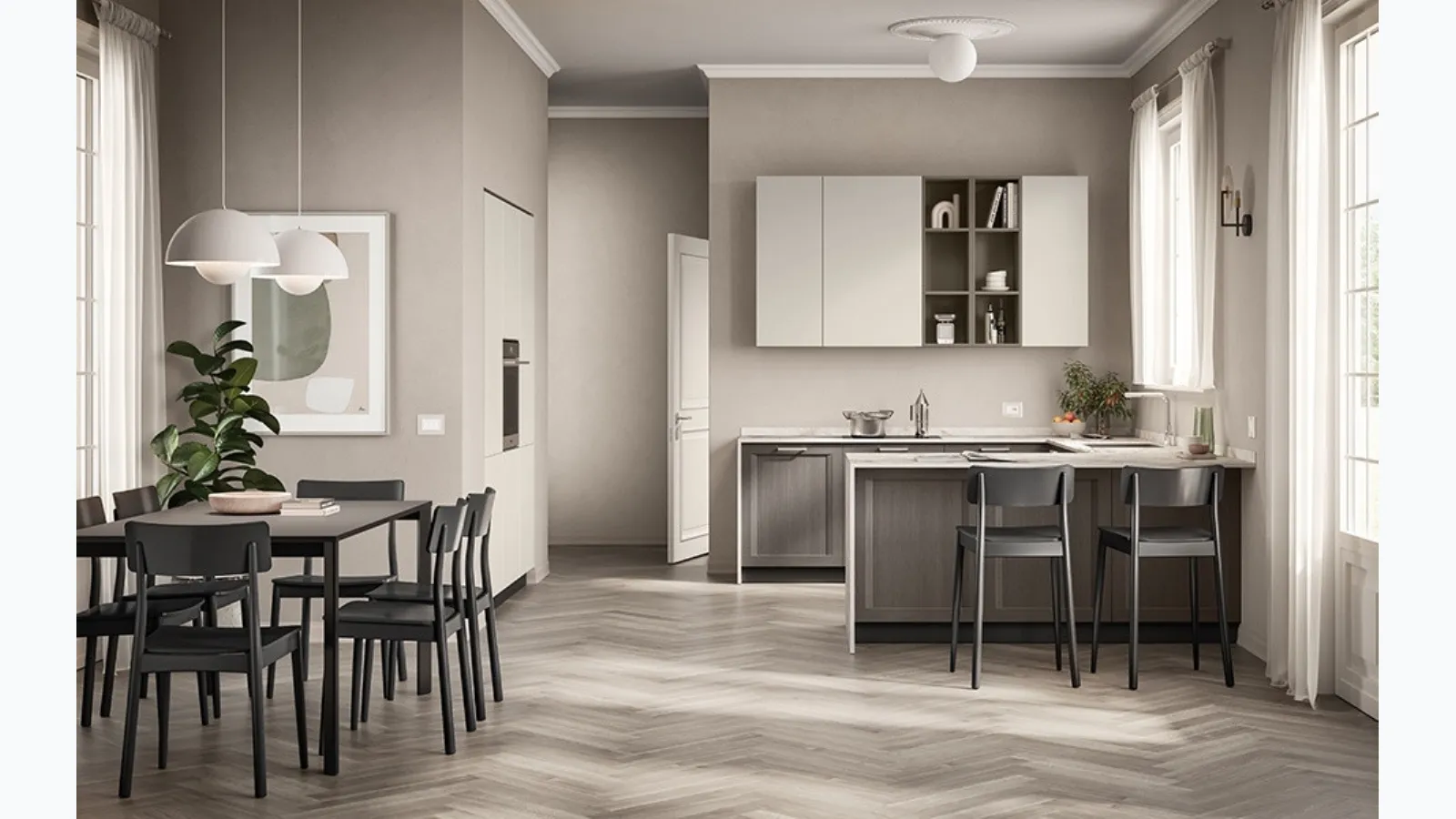 Cucina su misura con penisola Sax in decorativo Rovere Town di Scavolini